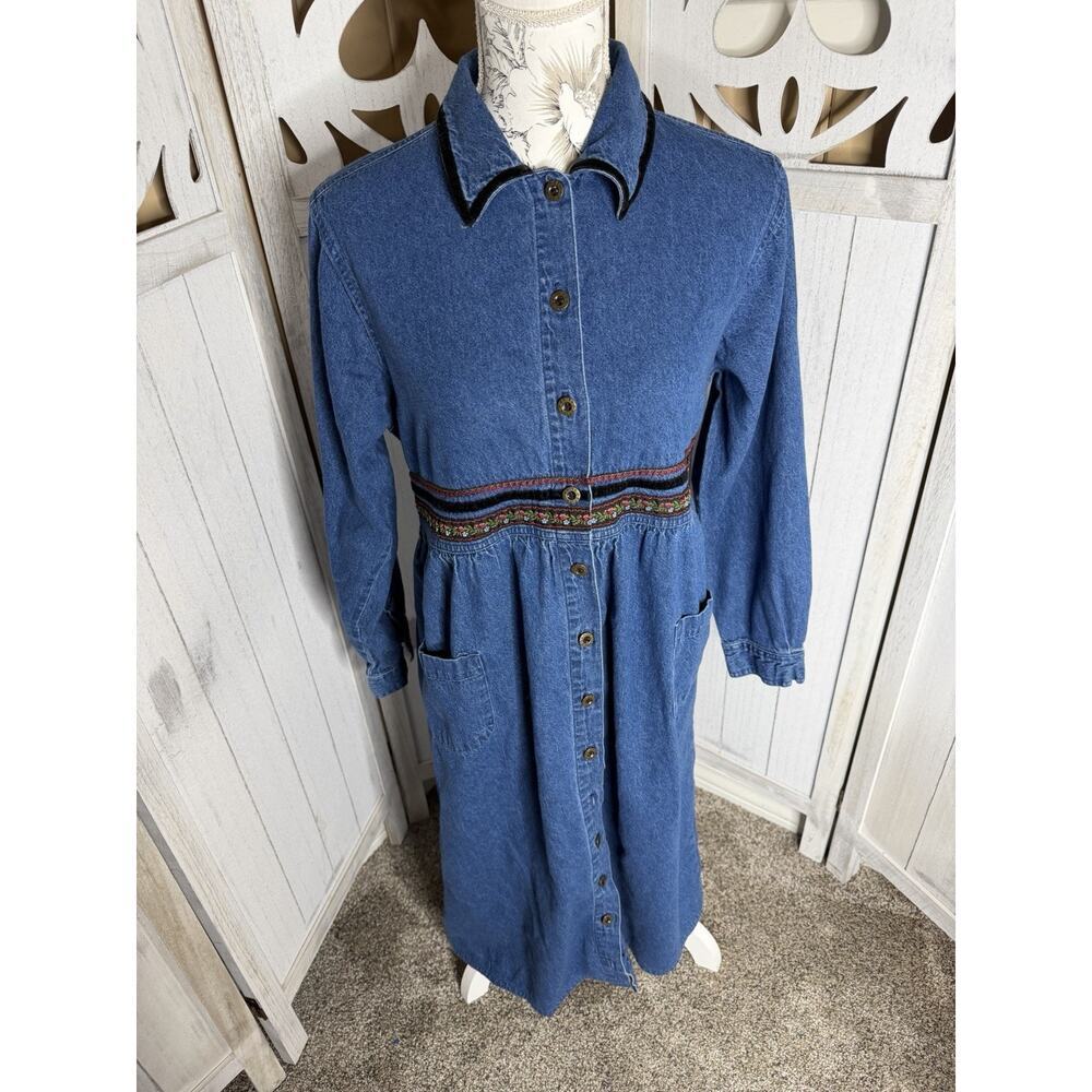 Erika & Company Vintage Floral Denim Dress Cottagecore Button Teacher Sz Large
